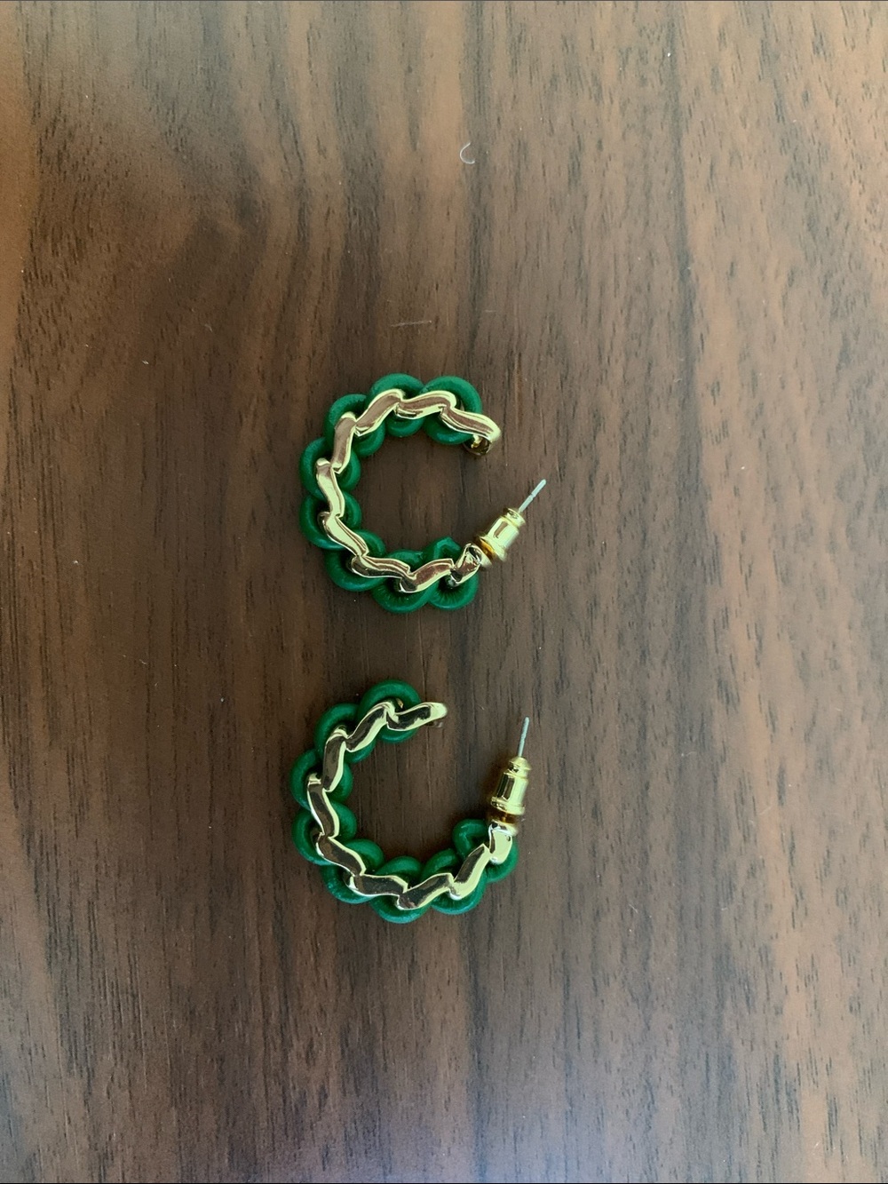 Gold Chain Hoop Earrings with Green Accent - Women Jewelry